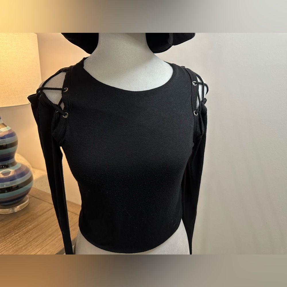 Black Bead Cold Shoulder Laced-Up Top - Size ?